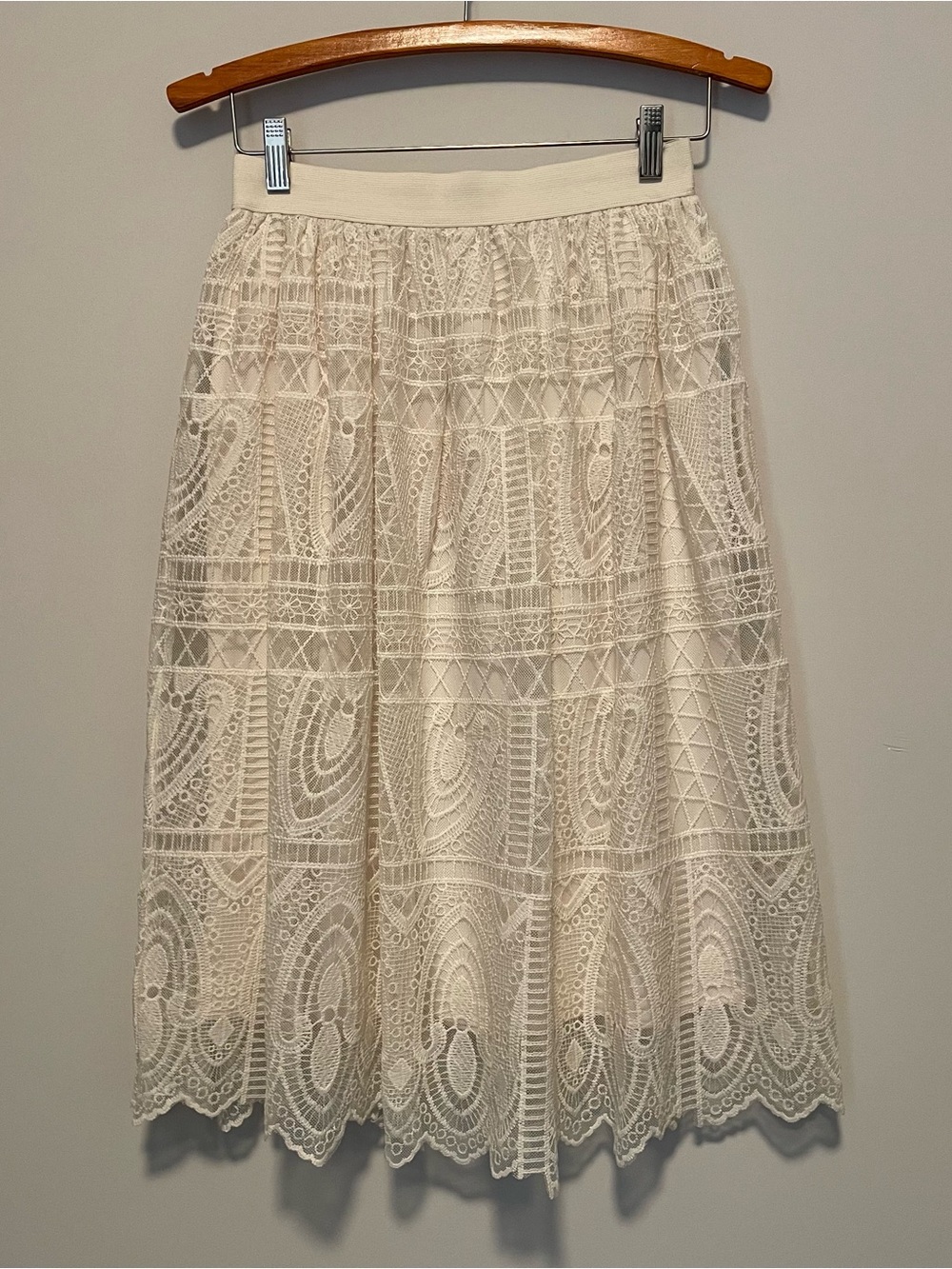 Cream Crochet Lace Midi Skirt S Small Boho Wedding Guest Coastal Granny Scallop - Picture 2 of 4